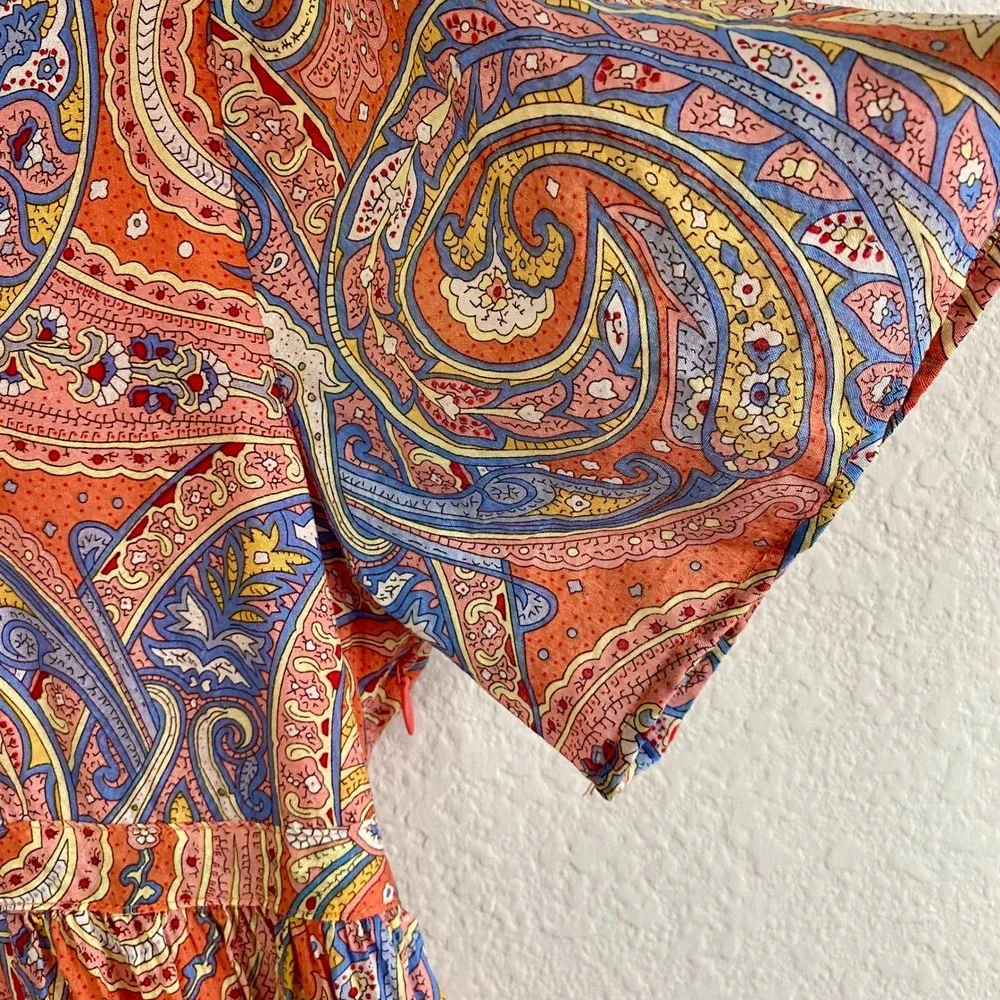 Molly Bracken Paisley V-Neck Midi Dress Coral L Boho Upside‎ Down Label